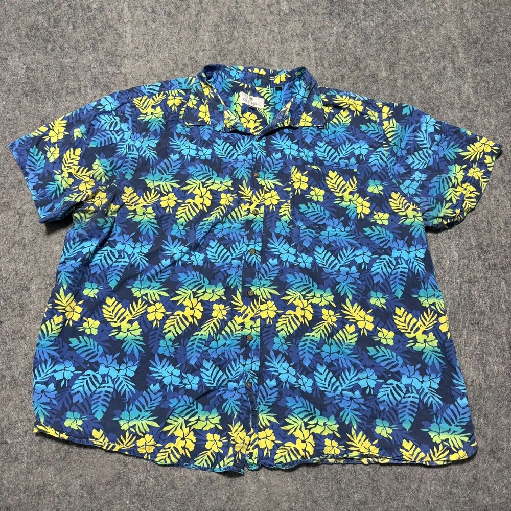 Oak Hill Hawaiian Shirt Mend 2XL Blue Yellow Tropical Palm Leaf Aloha Top